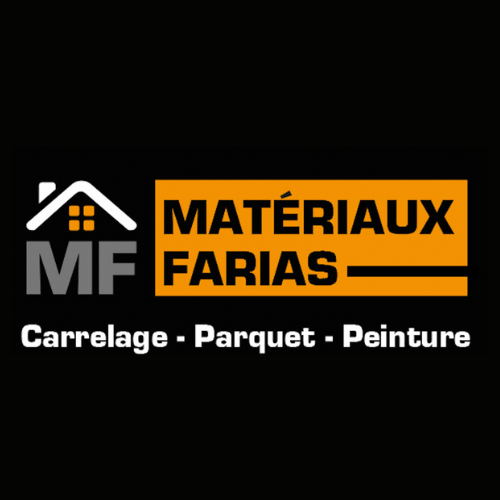 Logo de Matériaux Farias avec un symbole de maison, le texte en français Carrelage, Parquet et Peinture.