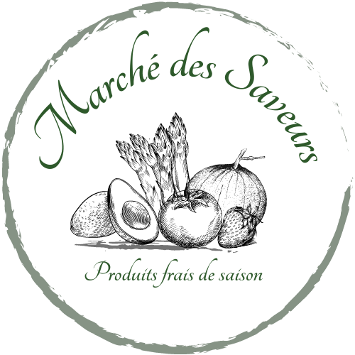 Logo d'un marché appelé 'Marché des Saveurs' avec le texte 'Produits frais de saison'