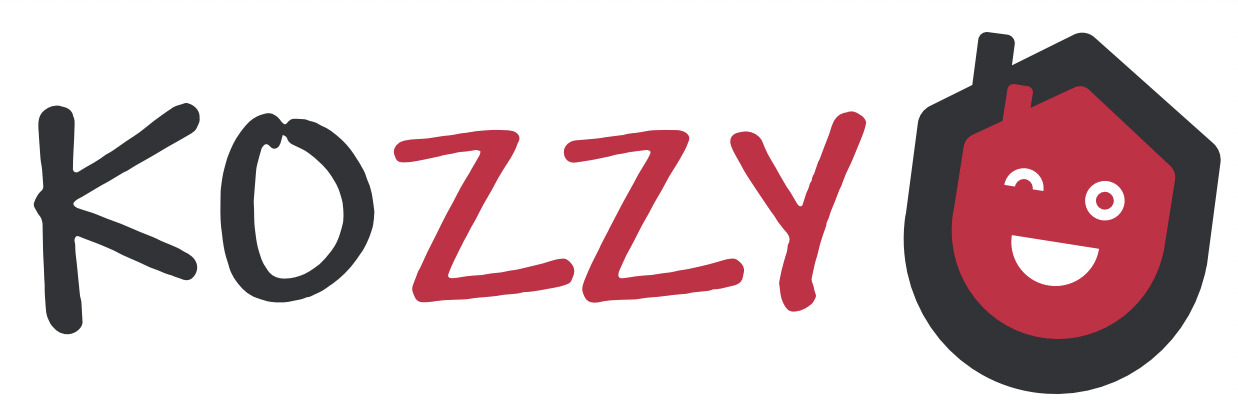 Le logo de Kozzy Lezoux with stylized black and red text et une icône de visage souriant, œil fermé, avec un visage en forme de maison