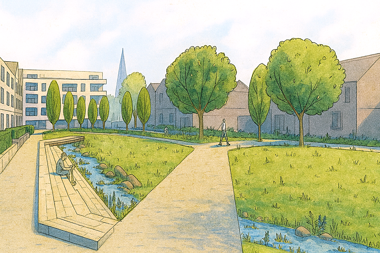 Illustration of a peaceful park with green grass, tall trees, a stream, and people walking and sitting on benches.