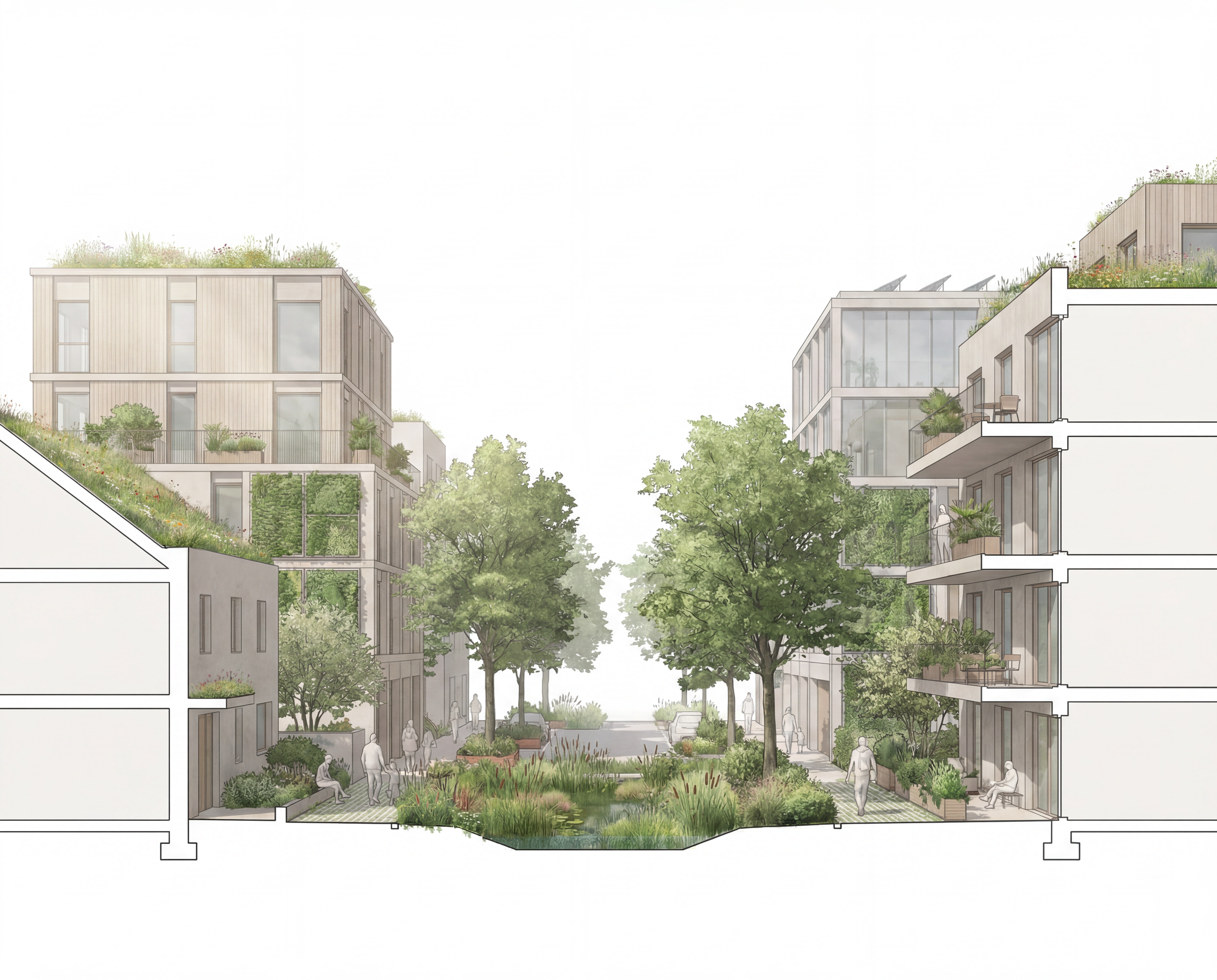 Architectural illustration of modern multi-story residential buildings with green rooftops, balconies, and a central landscaped courtyard with trees, grass, and pathways.