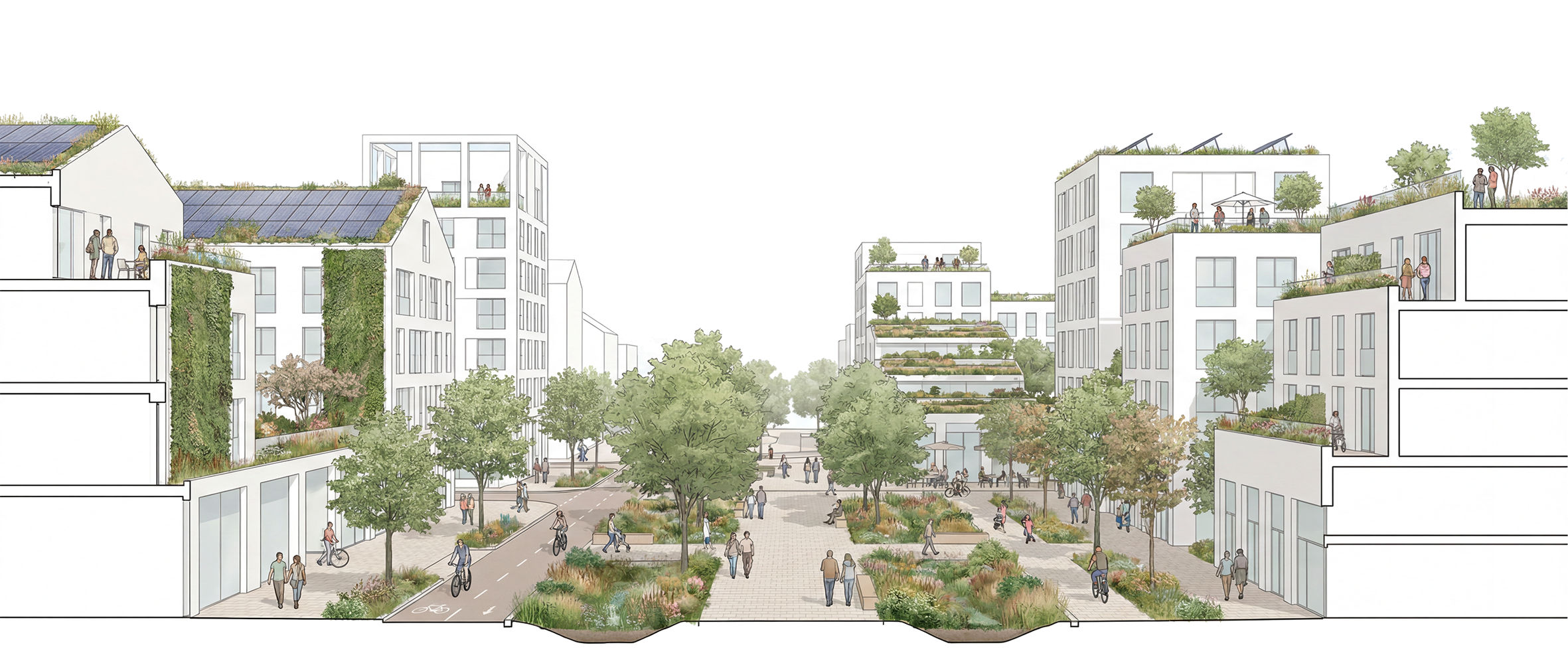 Illustration of a modern urban community with multi-story residential buildings, green rooftops, trees, gardens, and a central plaza with people walking, cycling, and socializing.