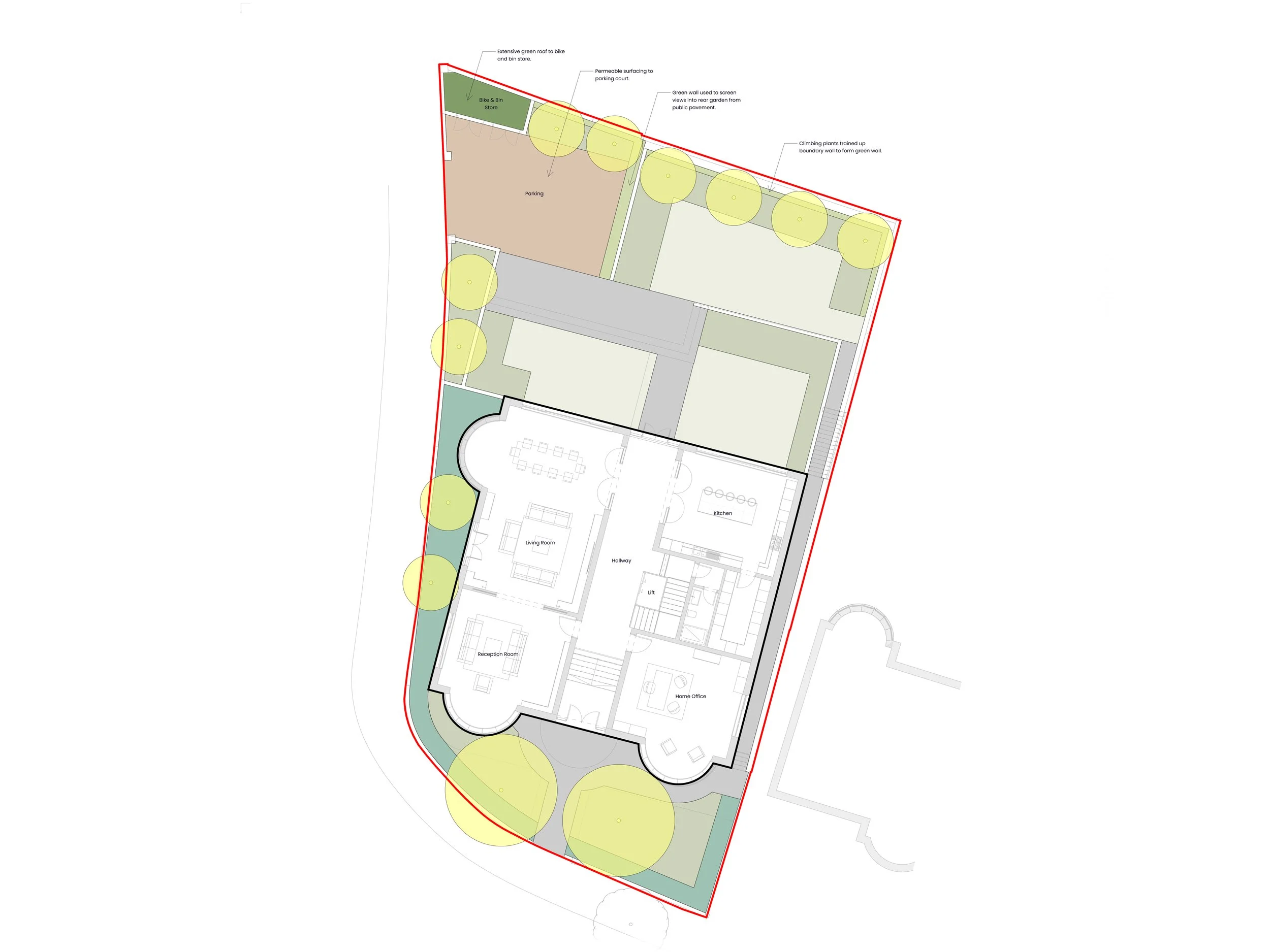 A detailed landscaping or architectural plan showing a building layout with labeled rooms, surrounding green spaces, trees, and designated areas for parking, gardening, and bike storage, with annotations indicating features like walls, permeable surf