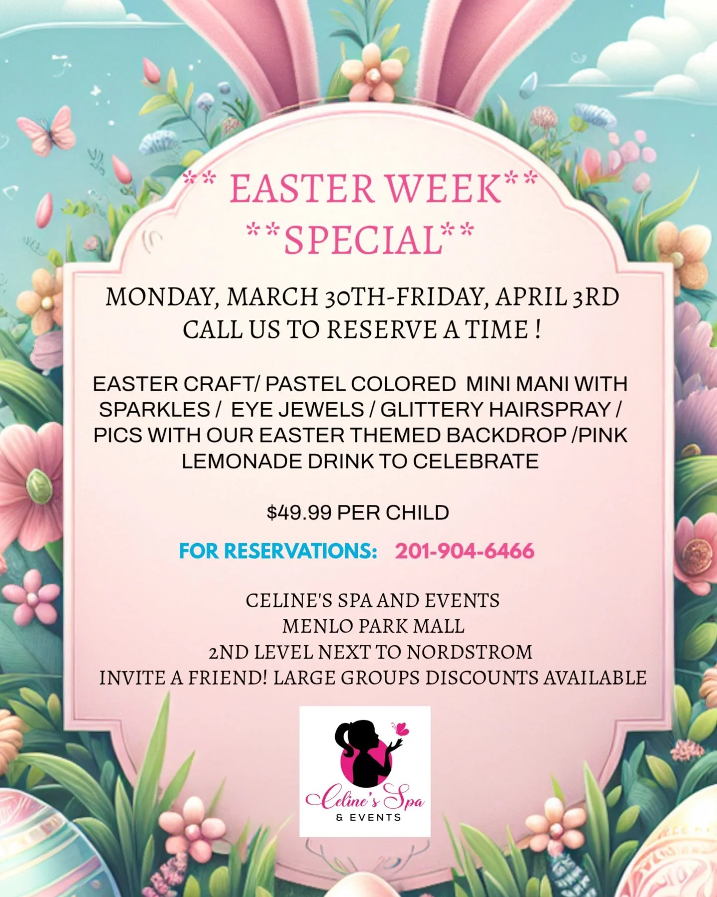 Spring into glam with us for Easter/Spring Break!!! March 30th - April 3rd, it's celebration time all week long!!! Call us to secure your spot now! Don't miss out on large group discounts!!!
