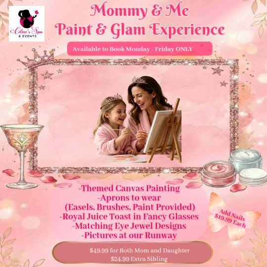 We now offer an amazing mommy and me experience just for weekdays! Since weekends tend to get crazy, we're giving you a special treat to enjoy on weekdays! Book your memorable experience online now at www.celinesspaandevents.com