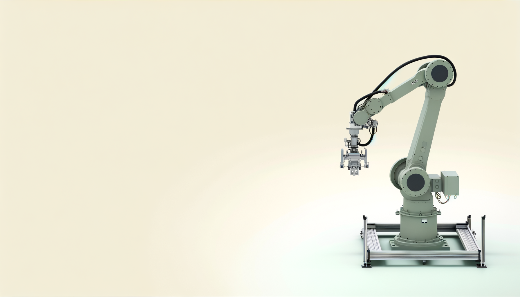 A robotic arm with multiple joints and a gripper at the end, mounted on a metal frame against a plain cream-colored background.