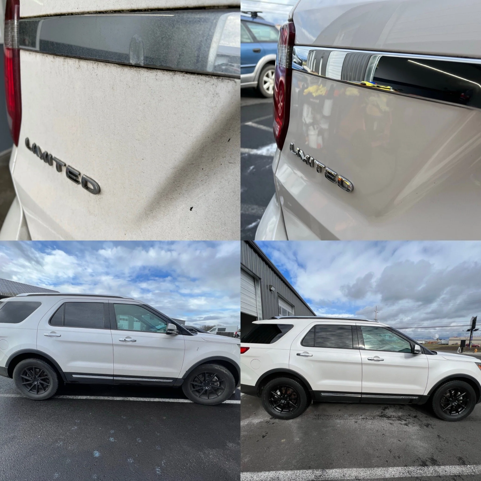 Before and after photos showing the rear badge of a white Chevrolet Traverse SUV. The first image shows the badge covered in dirt and grime, while the second image shows the badge cleaned and shiny.