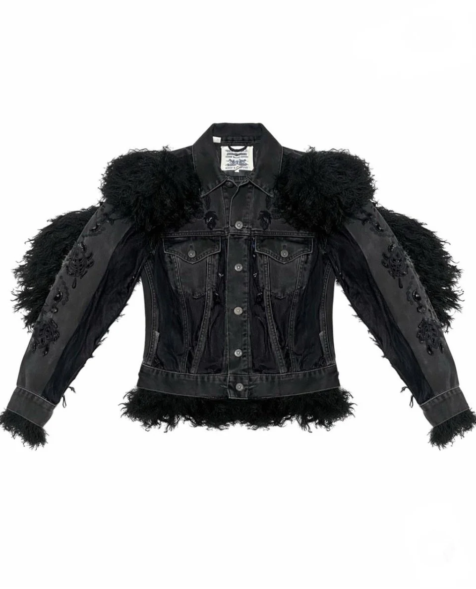 Medea Embellished Feather-Trim Denim Jacket
