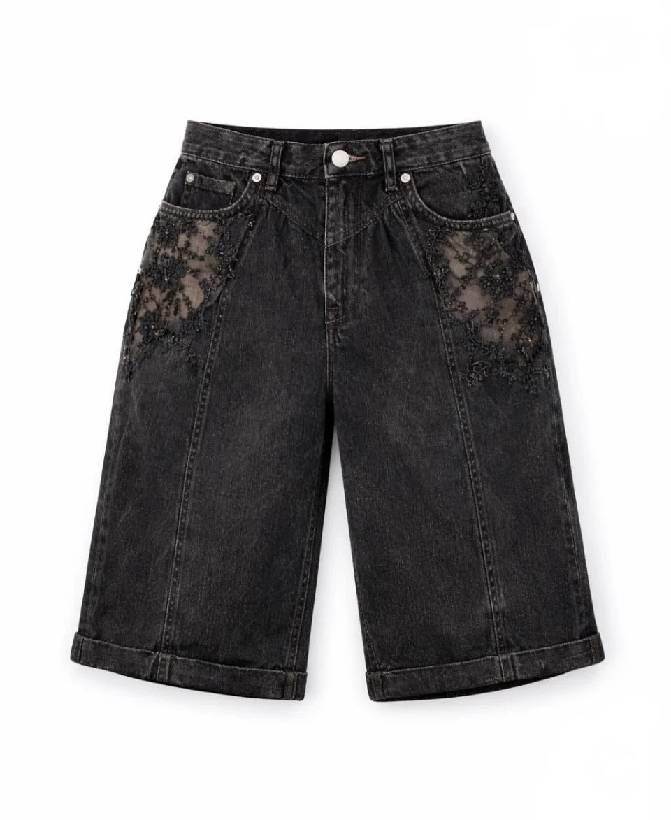 Medea Lace Panel Denim Bermuda Shorts