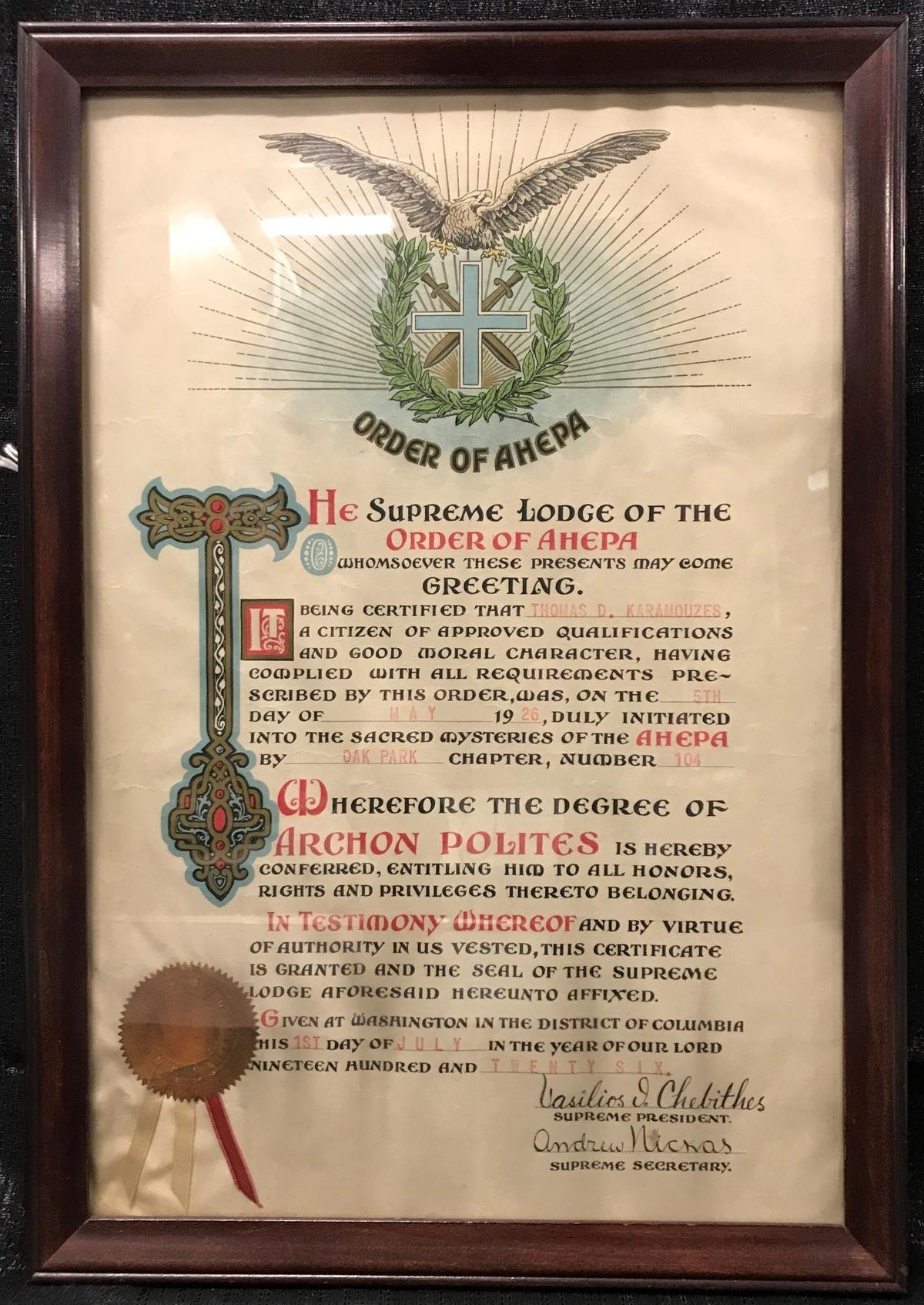 T.K. Order of AHEPA Membership (1926) - Donated to National Hellenic Museum