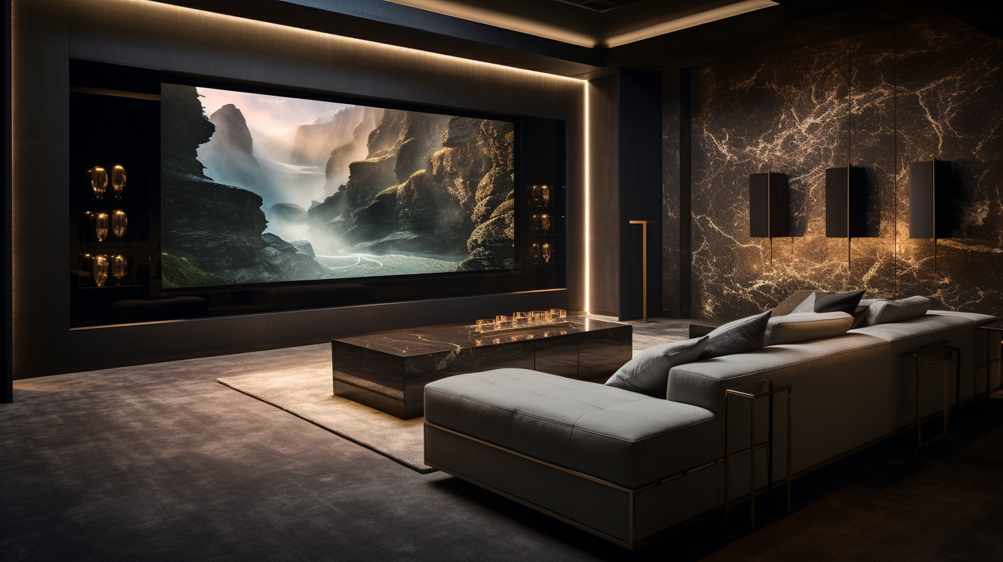 Modern living room with a large screen displaying a mountainous landscape, a white sectional sofa with gray and black pillows, a dark marble coffee table, and black textured walls with gold accents.