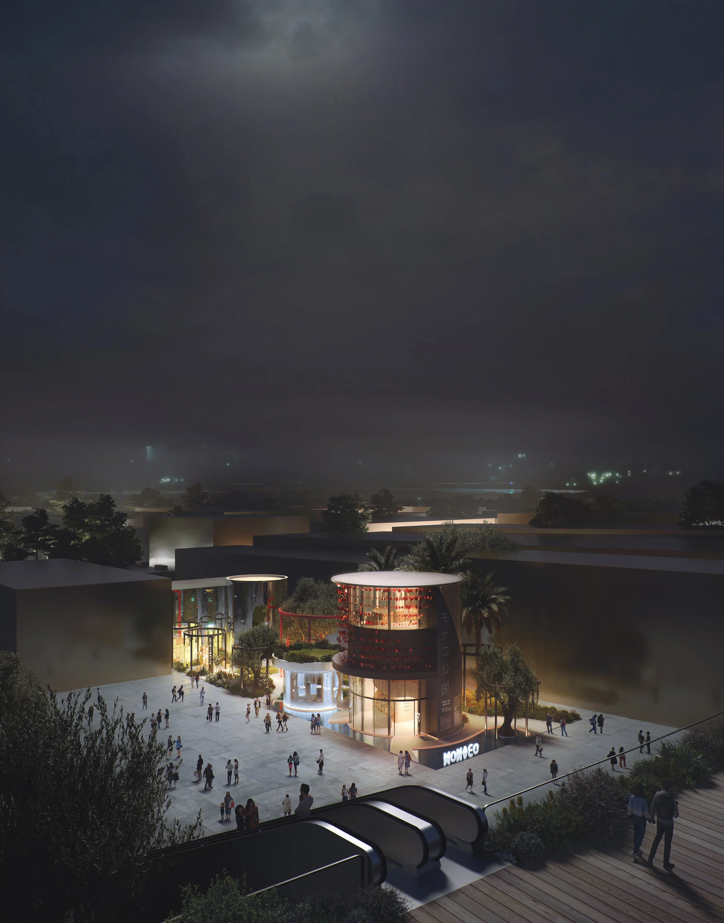 Nighttime illustration of a modern shopping mall with a large crowd outside, featuring illuminated glass buildings and surrounding greenery.