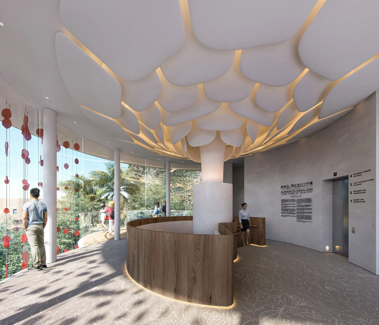 Interior of the Monaco Pavilion with a unique ceiling design resembling cloud shapes, large windows with hanging red decorations, and a curved wooden reception desk. Visitors are standing and walking near the windows, with a sign indicating the pavilion's name and directions for different levels.