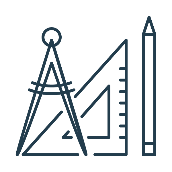 Line drawing of a compass, triangle, square ruler, and pencil used for drafting or technical drawing.