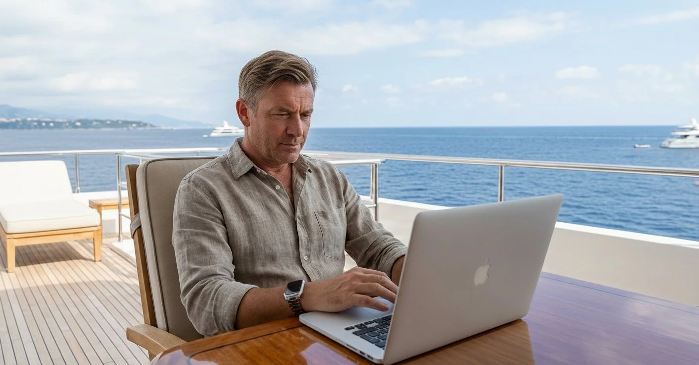 man on superyacht using laptop