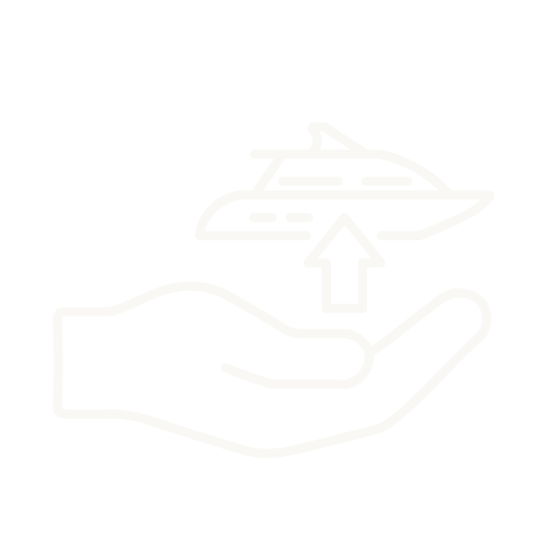 Icon of a hand holding a boat with an upward arrow above it, indicating boat delivery or delivery service.