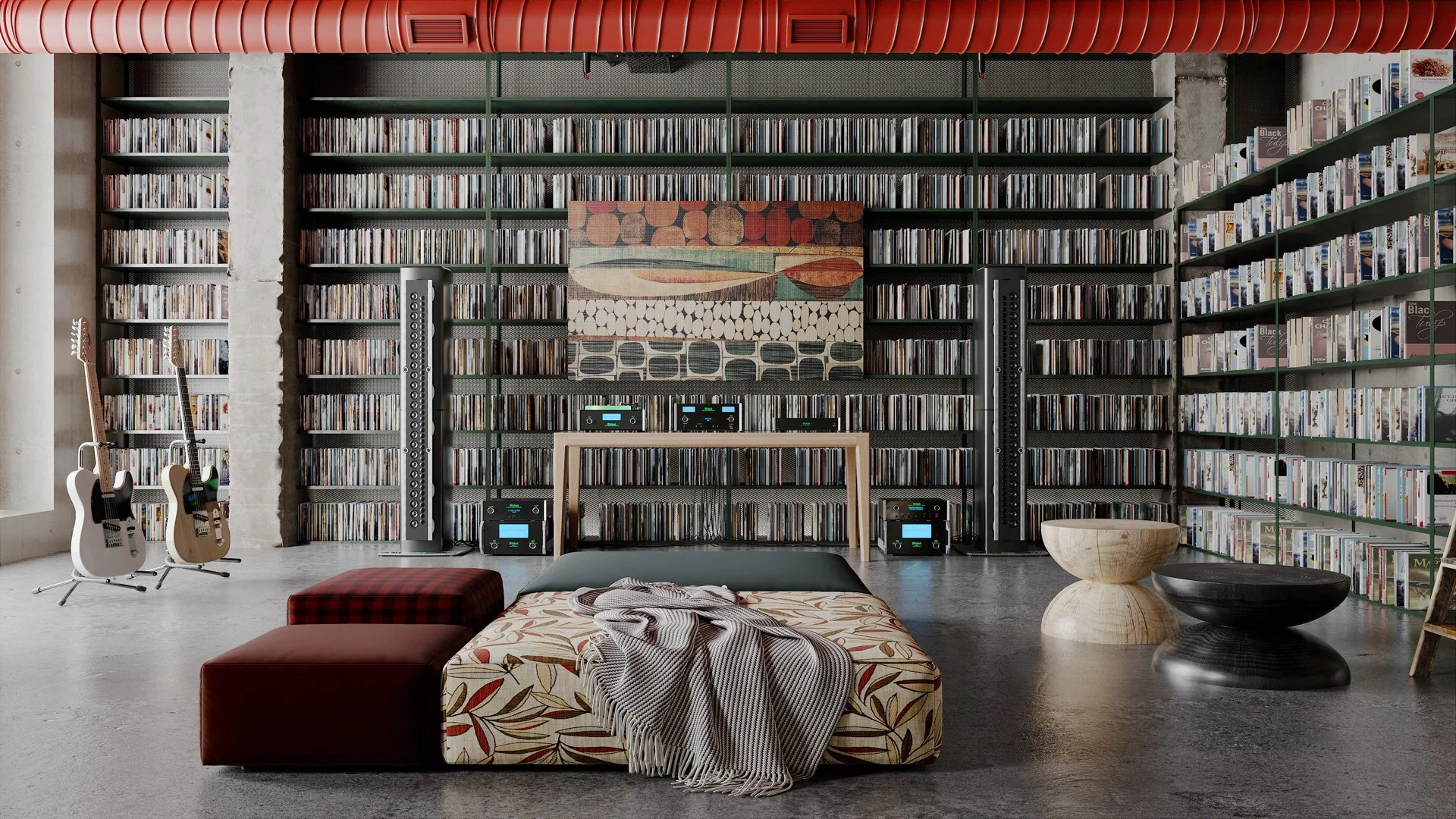 Interior of a modern music lounge with large bookshelf filled with CDs, two guitars on stands, vintage audio equipment, a patterned ottoman, and decorative stools