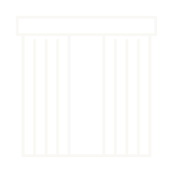 White outline of a closed gate with vertical bars on a black background.