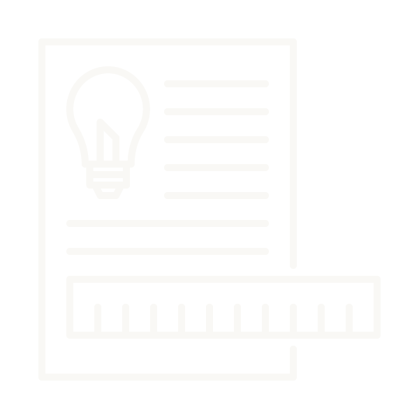 Line drawing of a document with a lightbulb icon, horizontal text lines, and a ruler at the bottom.