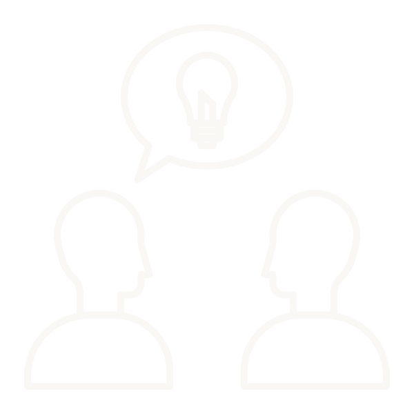 Two people talking with a speech bubble containing a lightbulb icon representing sharing ideas or brainstorming.