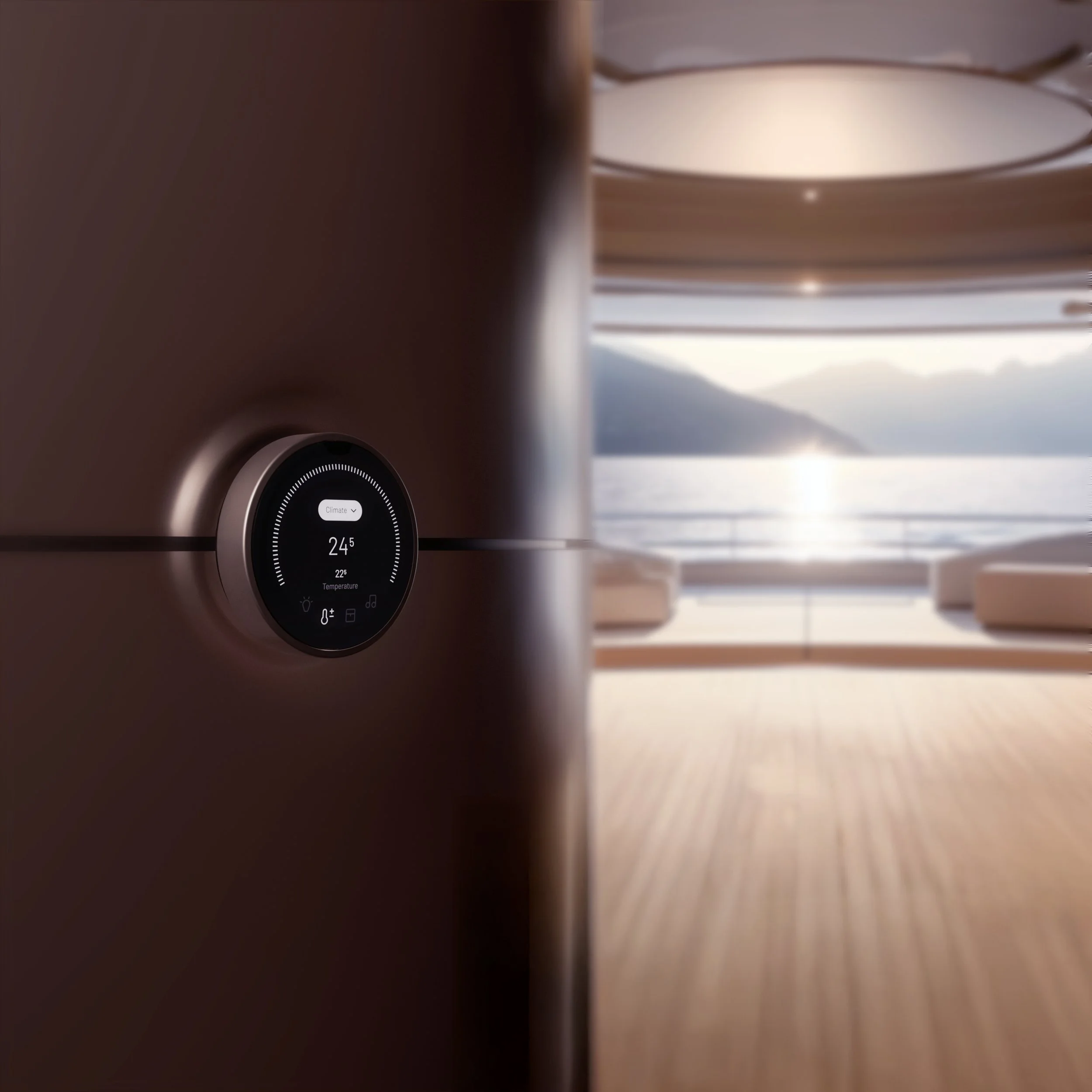 Close-up of a smart control system, Turn 2 by Tyba, displaying a temperature of 24°C, with an outdoor view of a lake and mountains through large windows in the background.