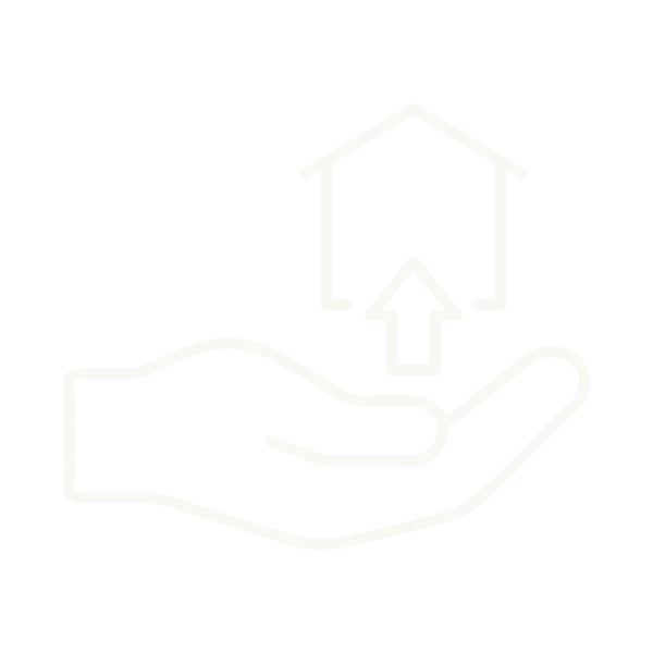 Outline of a hand holding a house shaped icon with an upward arrow inside.