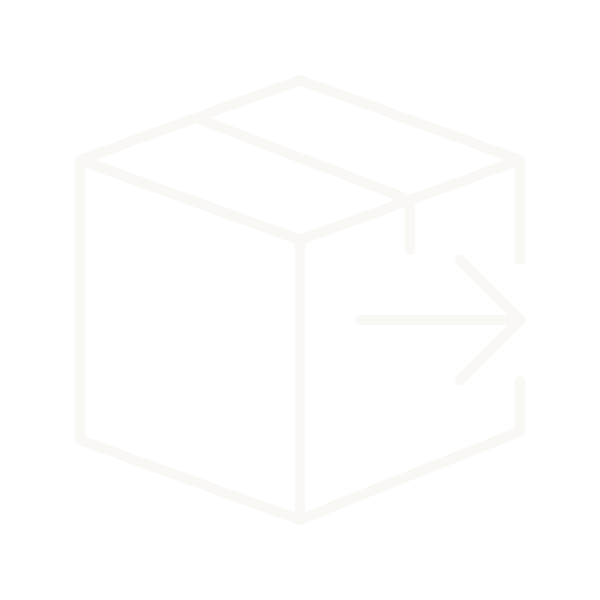 A white line drawing of a cardboard box with an arrow pointing to the right on the side.