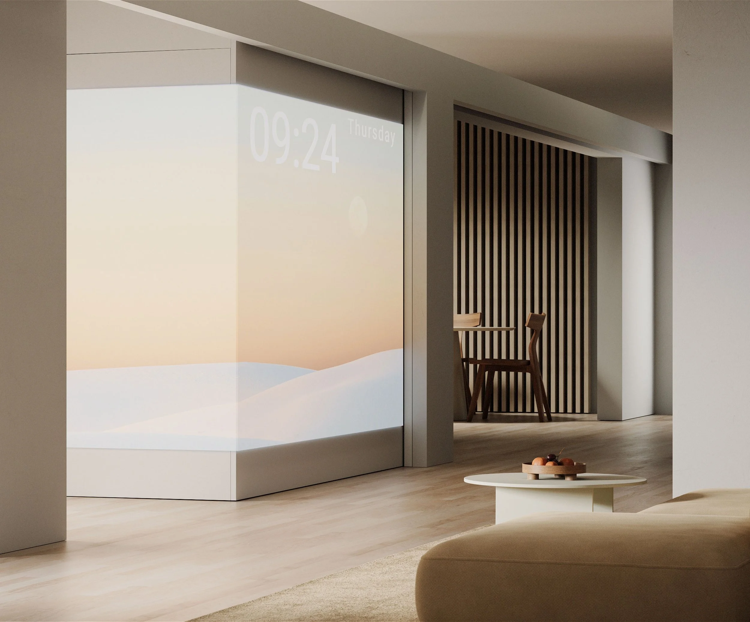 Modern living space with a large digital clock display showing 09:24 and Thursday, a small round table with a tray of fruits, a beige sofa, a wooden chair, and a wooden dining table in the background against a slatted wall.