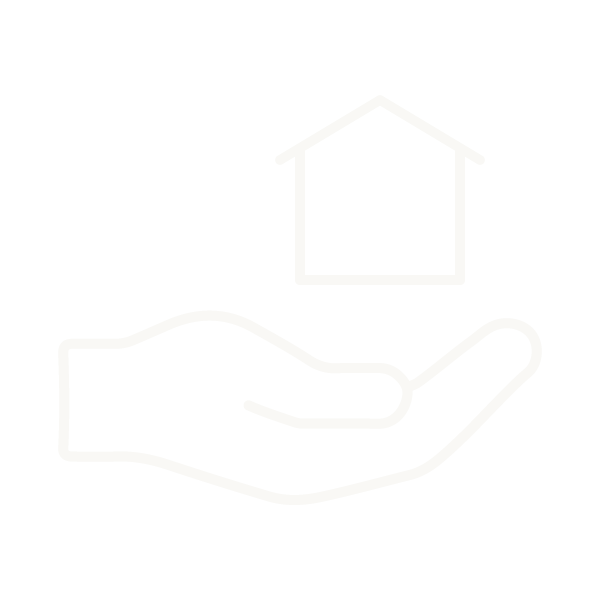 Outline of a hand holding a house icon on a black background.