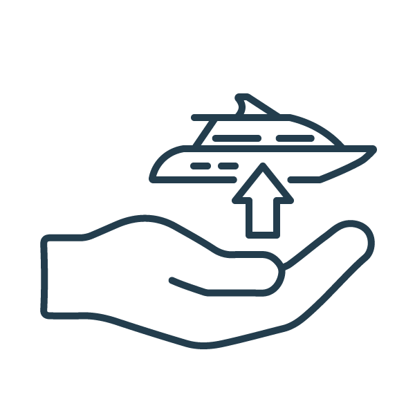 A line drawing of a hand holding a yacht with an upward arrow pointing towards it.