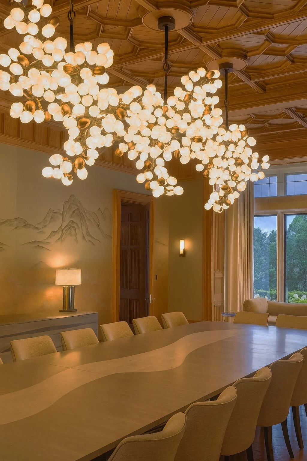 A modern dining room features a long table surrounded by beige chairs, illuminated by an elaborate chandelier with numerous globes, and decorated with wood paneling, a lamp, and large windows showing a view of trees outside.
