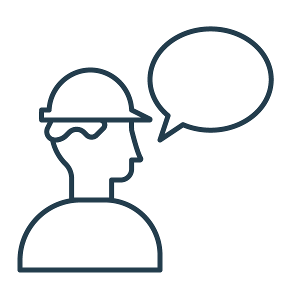 Outline of a person wearing a construction helmet and safety goggles with a speech bubble beside them.