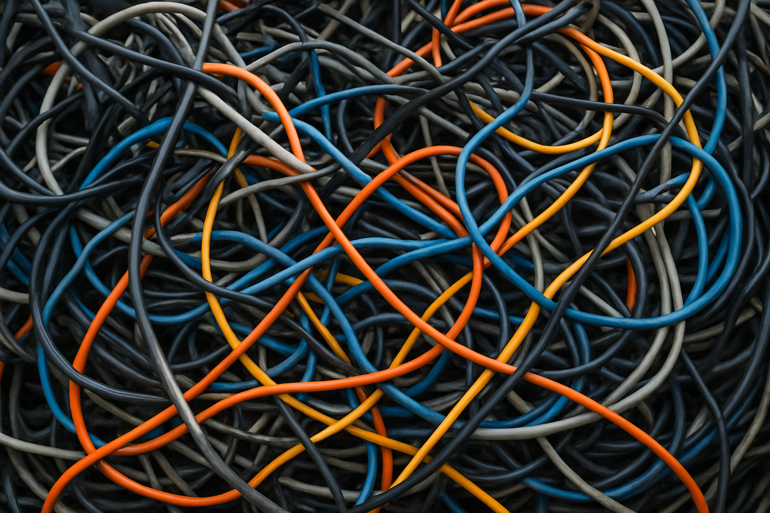 A tangled heap of multicolored rubber or plastic wires in black, gray, blue, orange, and yellow.