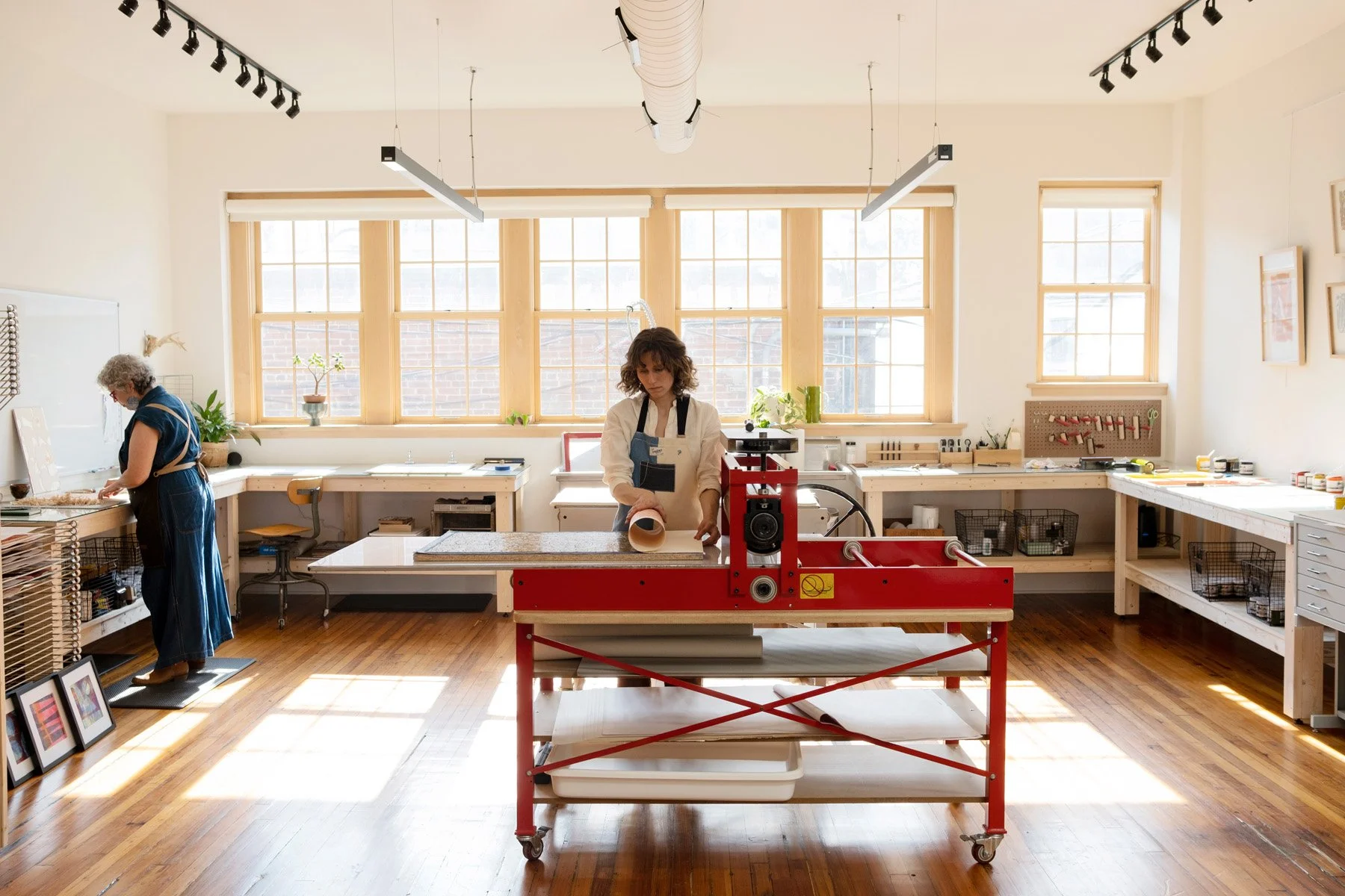 Denise Markbreit, fine art printmaker, in her professional printmaking studio with a press, work tables and print drying racks, in downtown Asheville, NC.