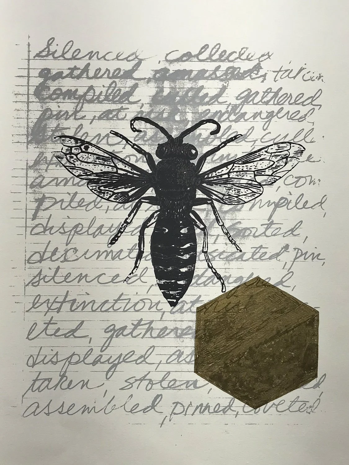 Bee with Words and Cube, Mixed Media Screen Print, Denise Markbreit, Asheville NC-1.JPG
