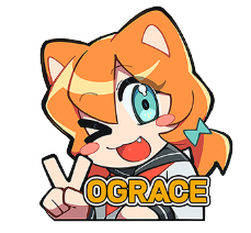 The Vograce mascot, and orange haired catgirl doing a peace sign to help spell the word "Vograce".