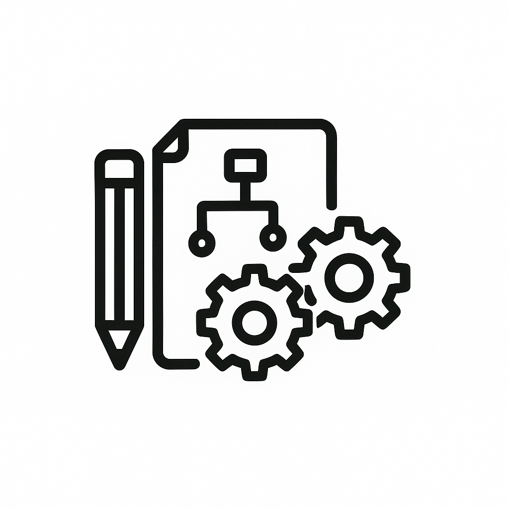 Icon of a document with a flowchart, a pencil, and two gears.