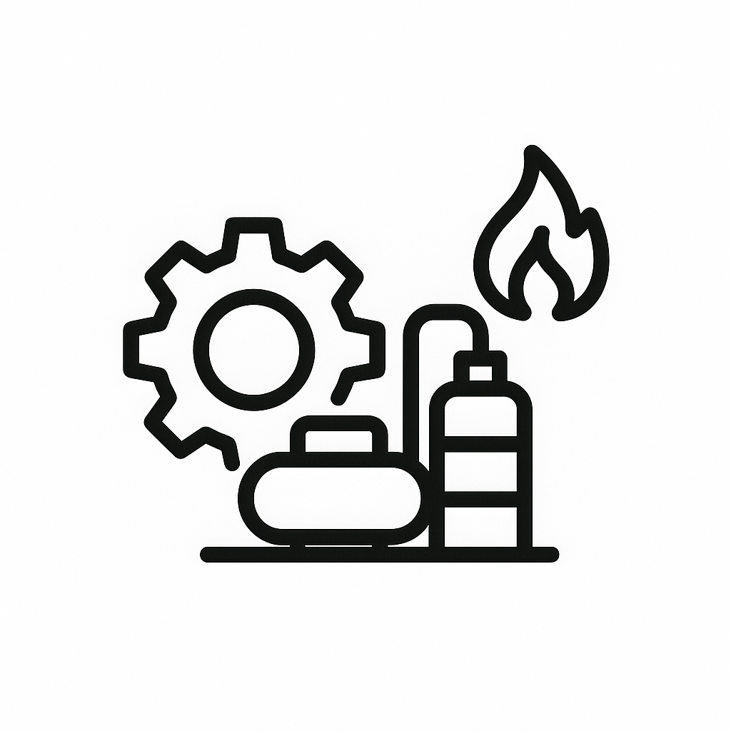 Line drawing of a gas pump, a gear, a flame, and a tank, representing fuel, machinery, and energy sources.