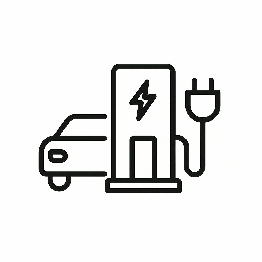 Outline illustration of an electric car charging at a charging station.