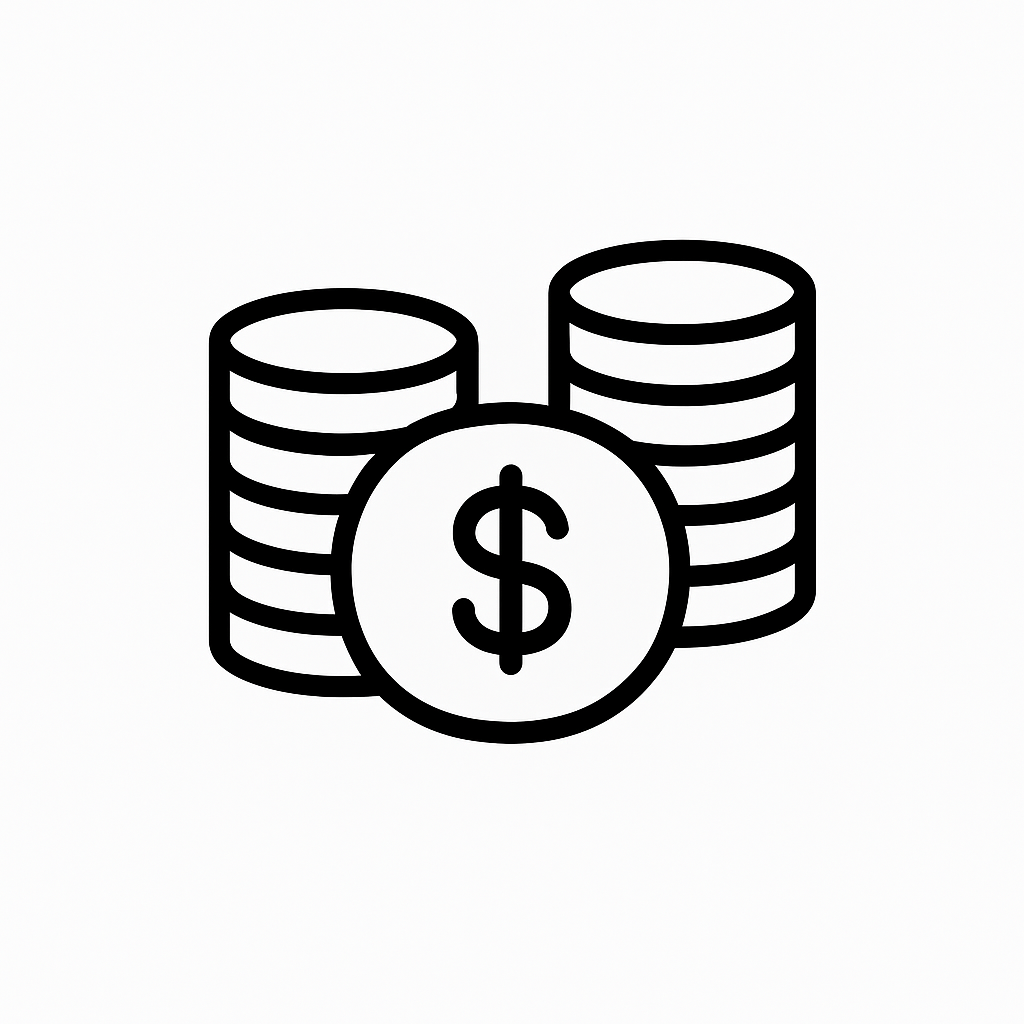 Line drawing of stacked coins and a dollar sign coin in black and white.