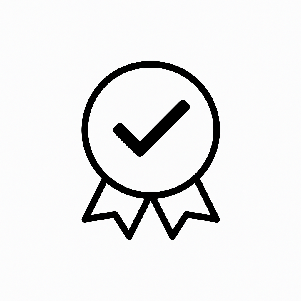 Icon of a badge with a checkmark inside a circle and ribbons underneath.