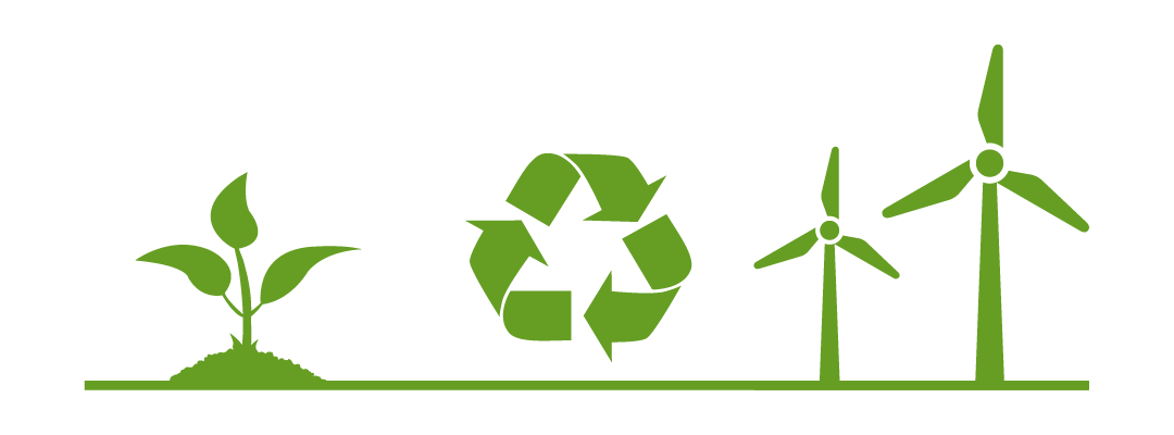 Ilustración de una planta, símbolo de reciclaje, y aerogeneradores, representando energías renovables y sostenibilidad.