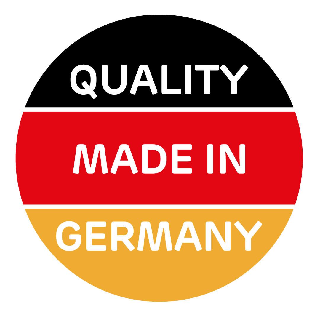 Etiqueta circular con diseño en colores negro, rojo y dorado que dice 'Calidad fabricado en Alemania'.