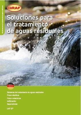 Portada de un folleto con una corriente de agua, contiene el texto 'Soluciones para el tratamiento de aguas residuales' y botones con temas relacionados.