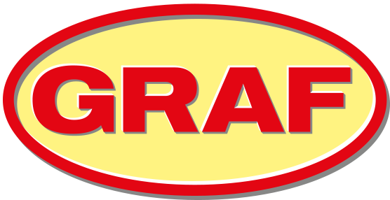Logotipo de la marca GRAF en fondo amarillo con borde rojo.