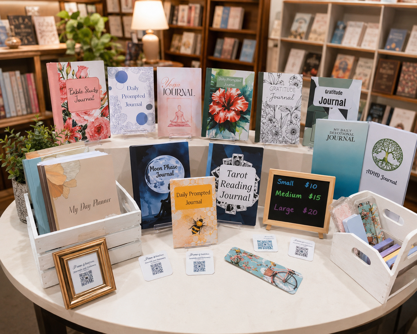 Display of various journals, planners, and notebooks on a round table at a bookstore or gift shop, with a small chalkboard sign showing prices for small, medium, and large items.