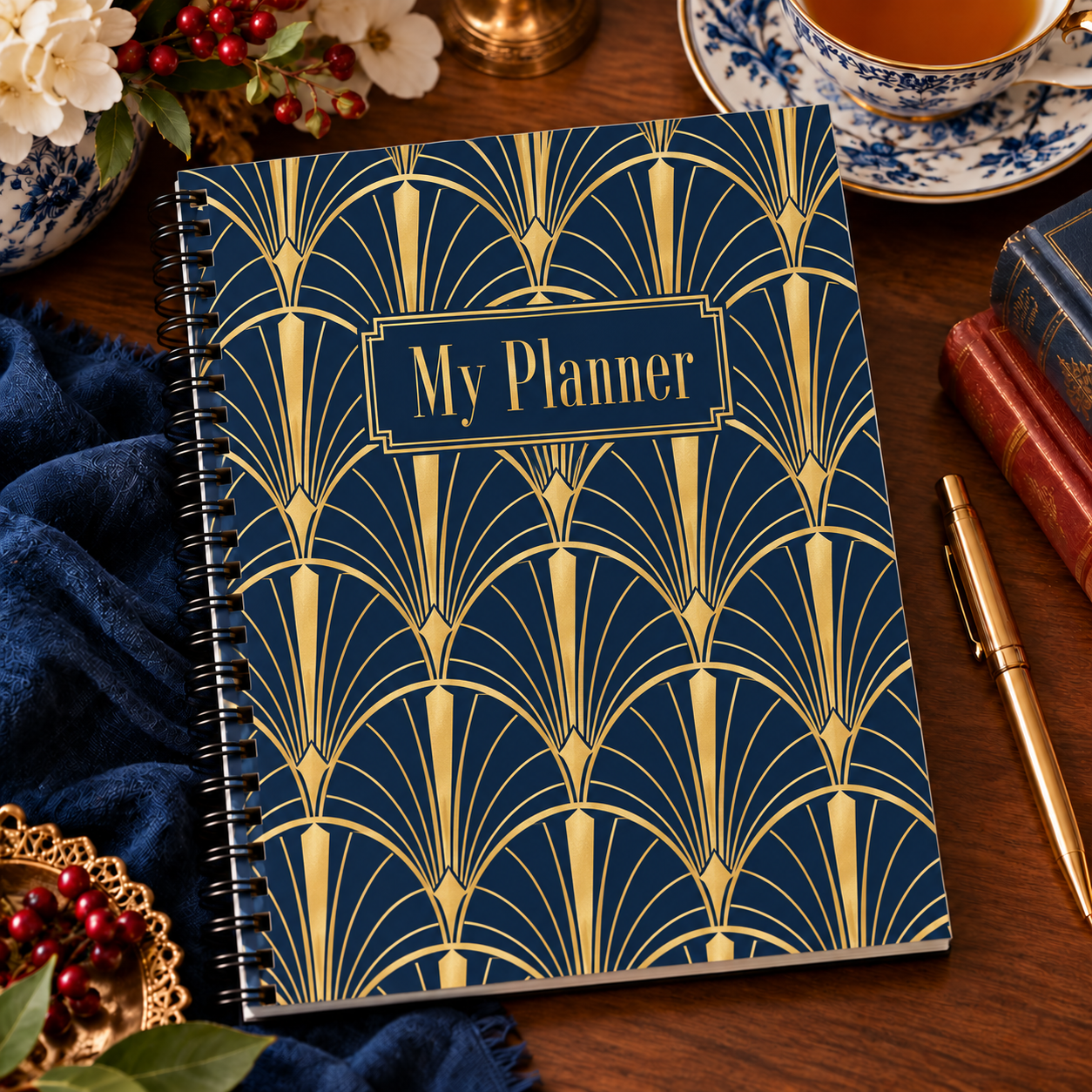 Art Deco Navy and Gold Fans