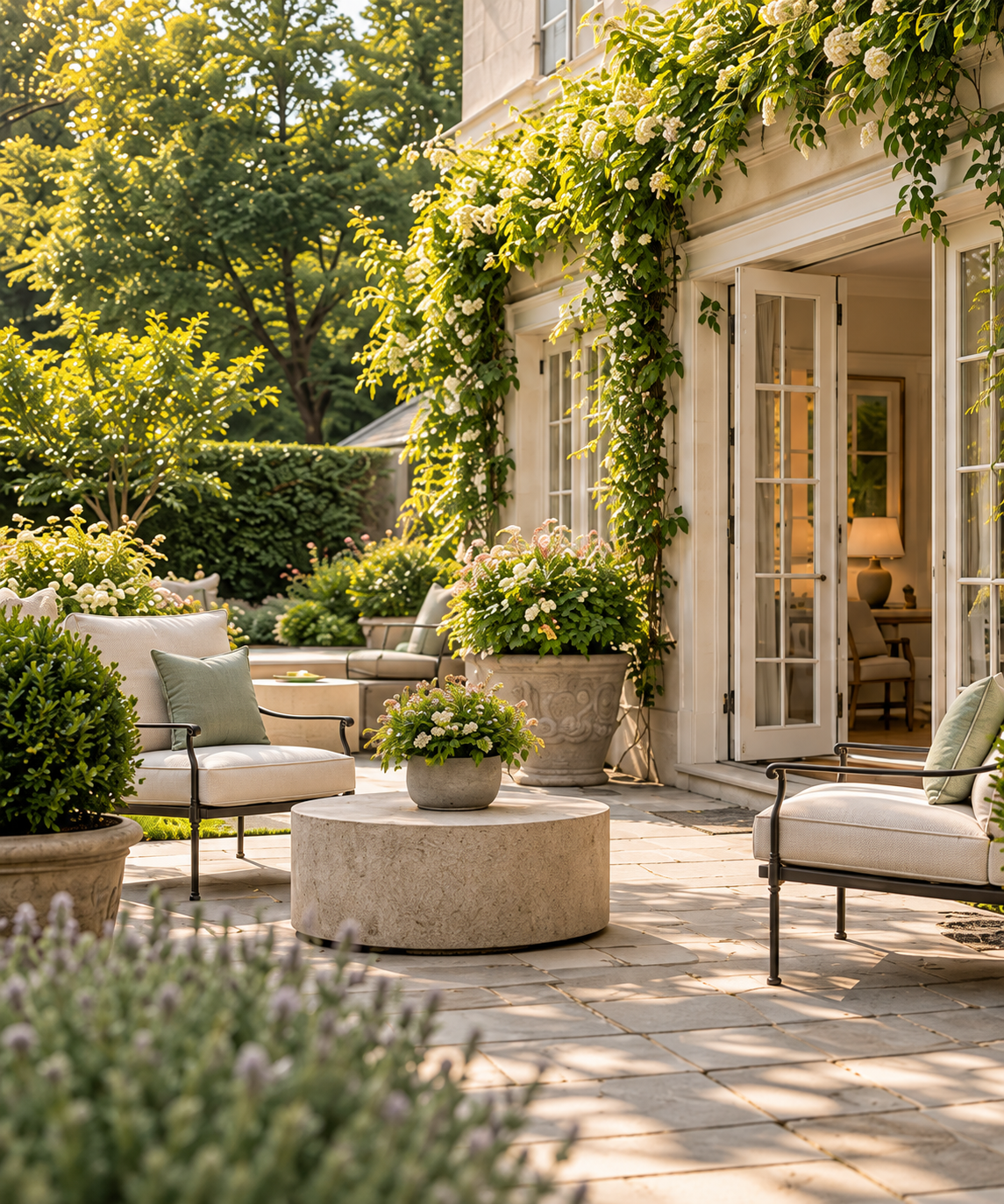 Peaceful garden terrace with cream seating, pale stone, French doors, and greenery.