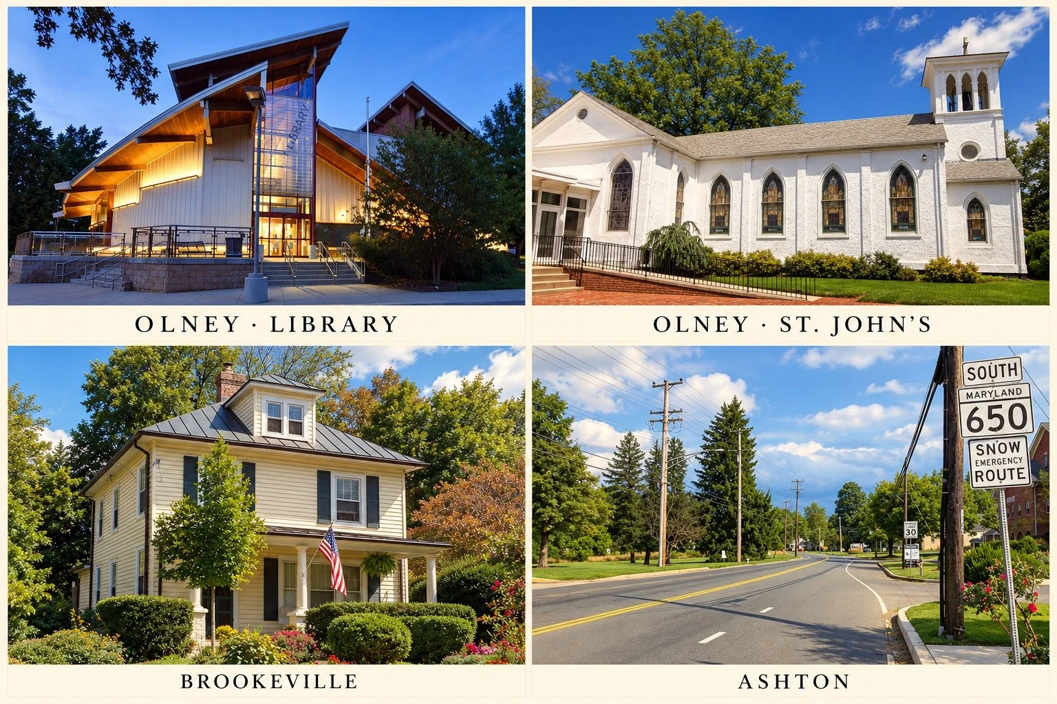 AI-assisted collage of Olney Library, St. John’s in Olney, historic Brookeville, and Ashton, Maryland, with cream borders.
