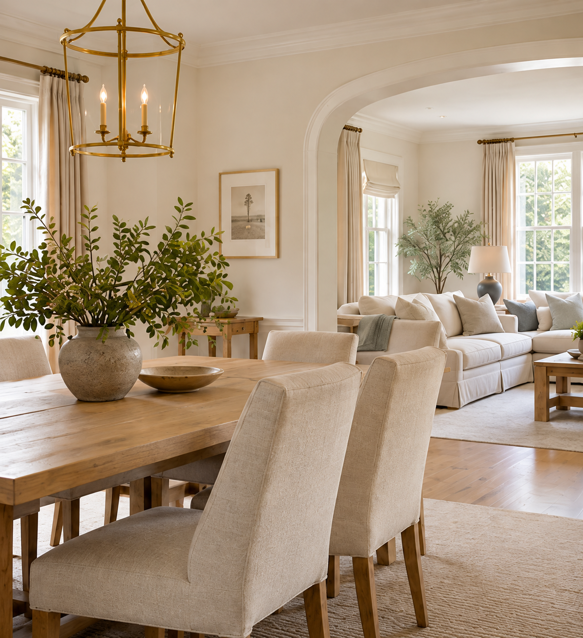 Soft cream dining and living room with natural wood furnishings and greenery.